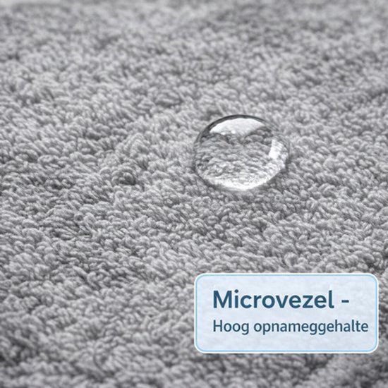 Gedetailleerde close-up van een grijze microvezel dweil met een waterdruppel erop. Tekst: Microvezel - Hoog opnamegehalte.