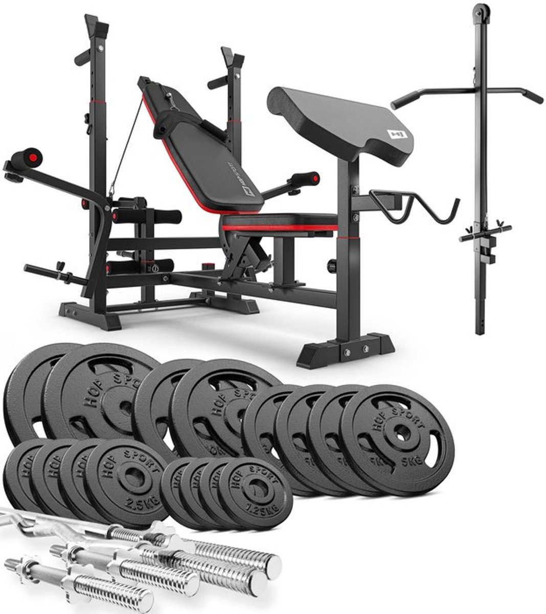 Hop-Sport HS-1075 – Halterbankset met Lat Pulley – Verstelbare Trainingsbank – Halterstangen 167 cm en 120 cm – 60 kg Gietijzeren Halterschijven – 30 mm