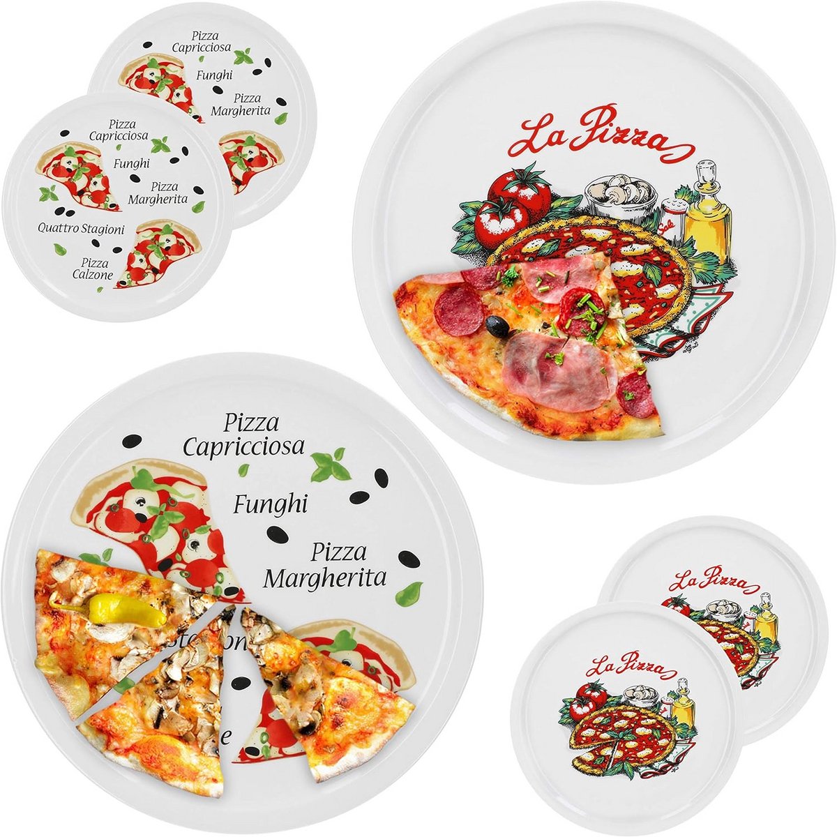 Set van 6 Grote Porseleinen Pizzaborden met Napoli & Margherita Motief - 30,5 cm