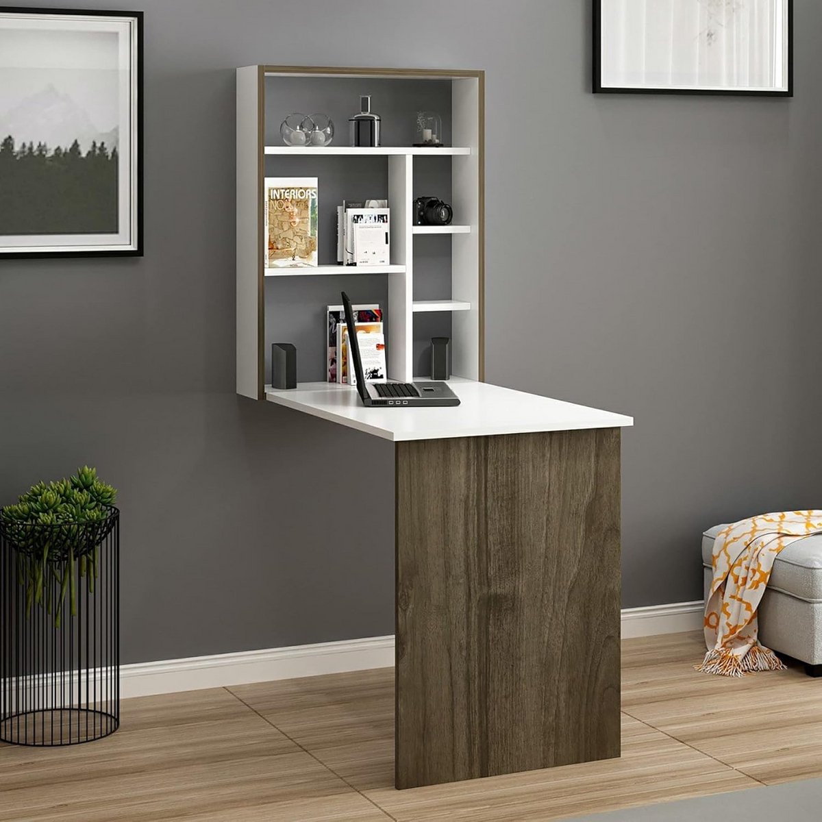 Opklapbare Wandtafel Wit en Walnoot - Inklapbaar Bureau / Eettafel voor Kleine Ruimtes