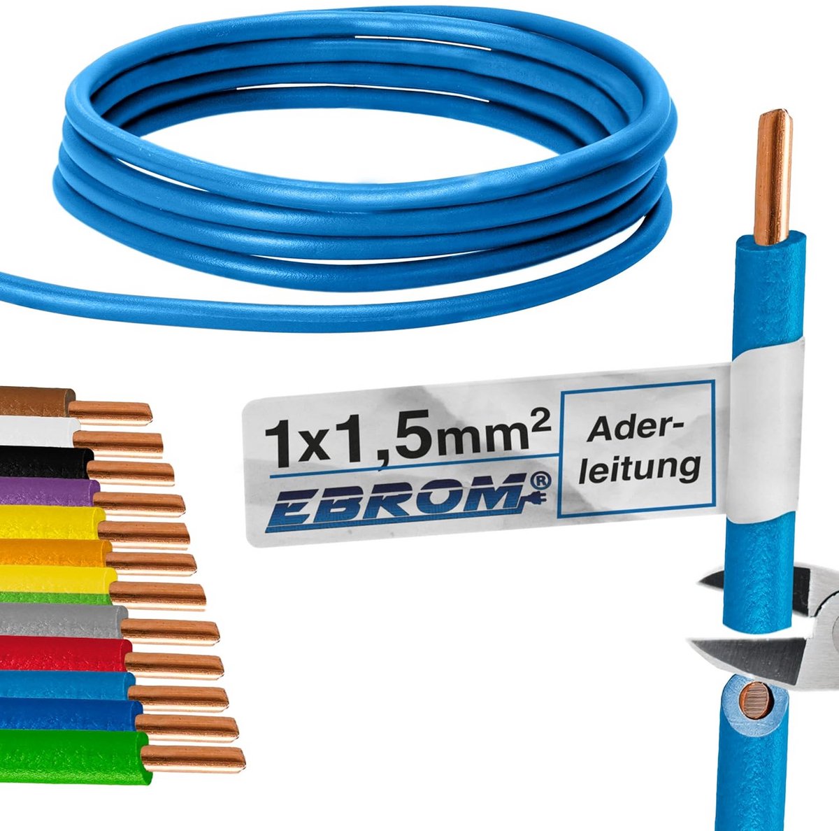Enkele Stugge PVC Installatiedraad H07V-U 1,5 mm² Lichtblauw - Diverse Lengtes