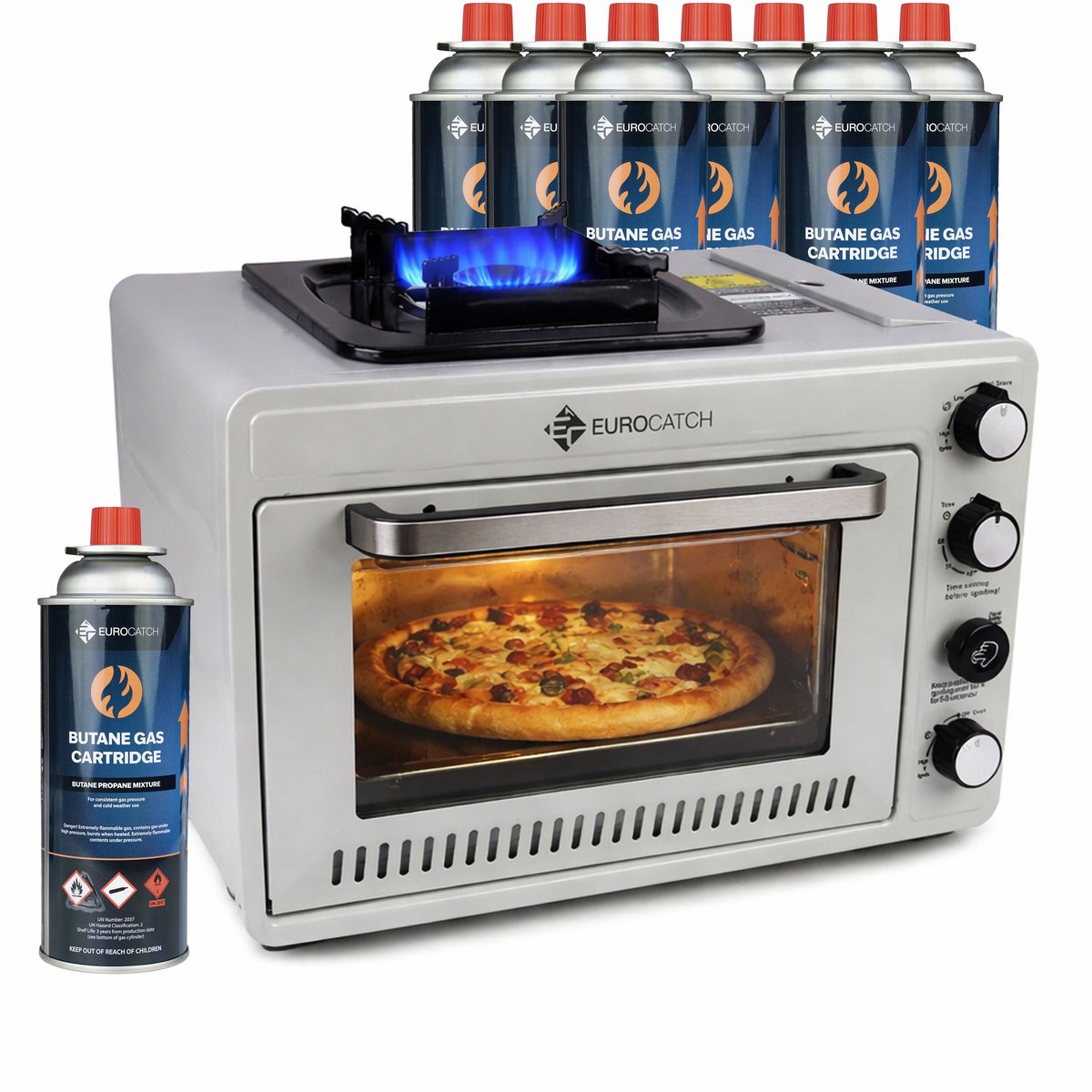 Eurocatch Draagbare Gasoven op 227 g Gasbusjes - Camping Oven met Brander - 25,2 Liter - 2,1 kW - Elektronische Ontsteking - Outdoor & Thuisgebruik - incl. 8 gasbusjes