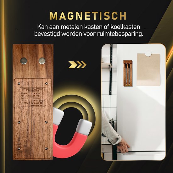 Twee zilverkleurige vleesthermometers in een houten kistje, naast een smartphone met weergave van bereik.
