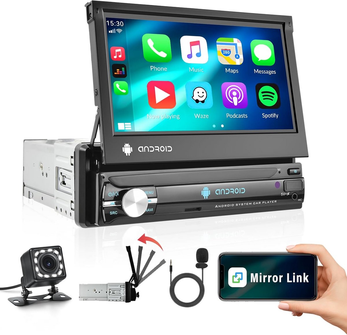 Single Din Autoradio 7 Inch Uitschuifbaar Scherm Android 13 GPS WiFi