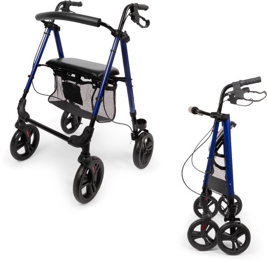 Blauwe rollator met zitting en mandje, links de opgevouwen versie.