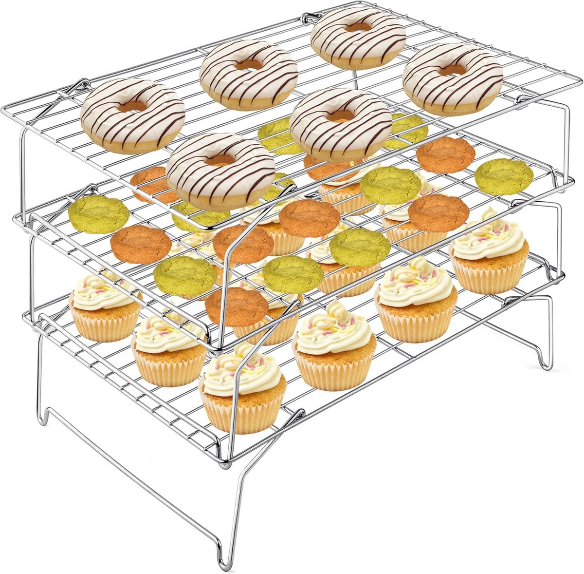 3-laags RVS Koelrooster Set Stapelbaar voor Brood, Cookies en Pizza
