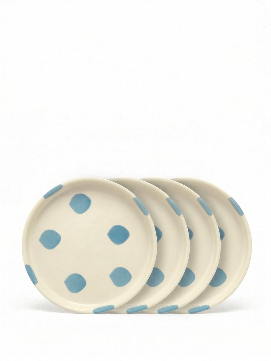 vtwonen - Borden - Gebaksbord - Stippen - Blauw - Set van 4 - Keramiek - 13cm