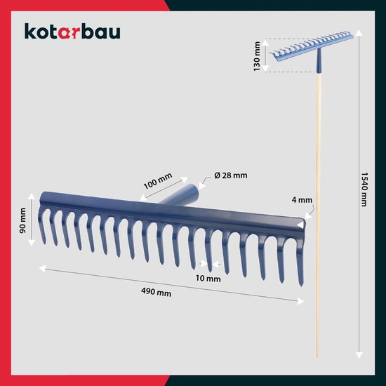 KOTARBAU® Tuinhark, Bladhark, Staal, 49 cm, Marineblauw, met Houten Steel, 154 cm, 18 Tanden, voor Gazon, Stevige Hark, Metalen Hark, Ergonomisch Tuingereedschap van Merkloos	 — afbeelding 3