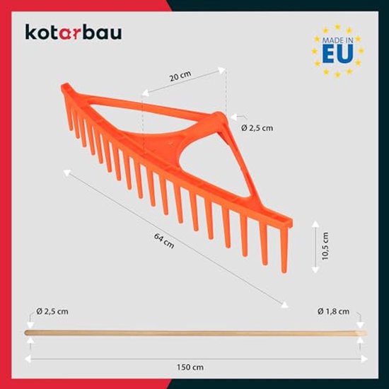 KOTARBAU® Bladhark, Tuinhark, Kunststof, 64 cm, Oranje, 18 Tanden, Bladbezem, met Steel, voor Gras En Heg, Lichtgewicht Hark, Stevige Hark van Merkloos	 — afbeelding 3