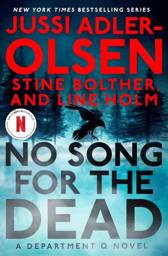 Boekomslag voor 'No Song for the Dead', een misdaadroman met donkere, ijzige tinten en een kraai in de lucht.