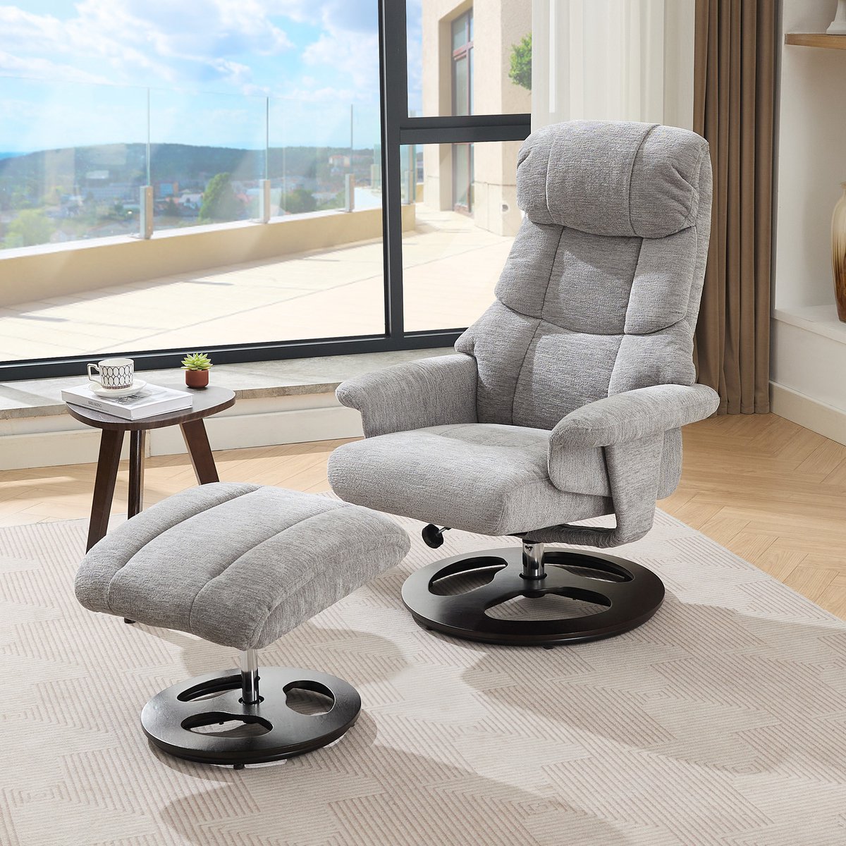 Relaxfauteuil met Massage en Verwarming - Verstelbaar met Voetenbank - 360° Draaibaar - Chenille Stof - Comfortabele Ligstoel