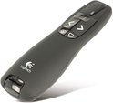 Zwarte Logitech presenter met knoppen en USB-ontvanger aan het uiteinde.