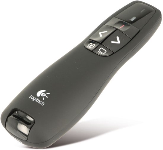 Zwarte Logitech presenter met knoppen en USB-ontvanger aan het uiteinde.