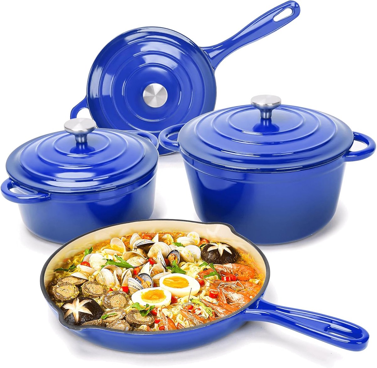 7-delige Emaille Gietijzeren Kookgerei Set - Dutch Oven, Steelpan, Braadpan - Geschikt voor Inductie