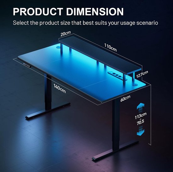 Elektrisch In Hoogte Verstelbaar Gamingbureau met RGB LED en Oplaadpunten, 140x60 cm van Merkloos — afbeelding 2