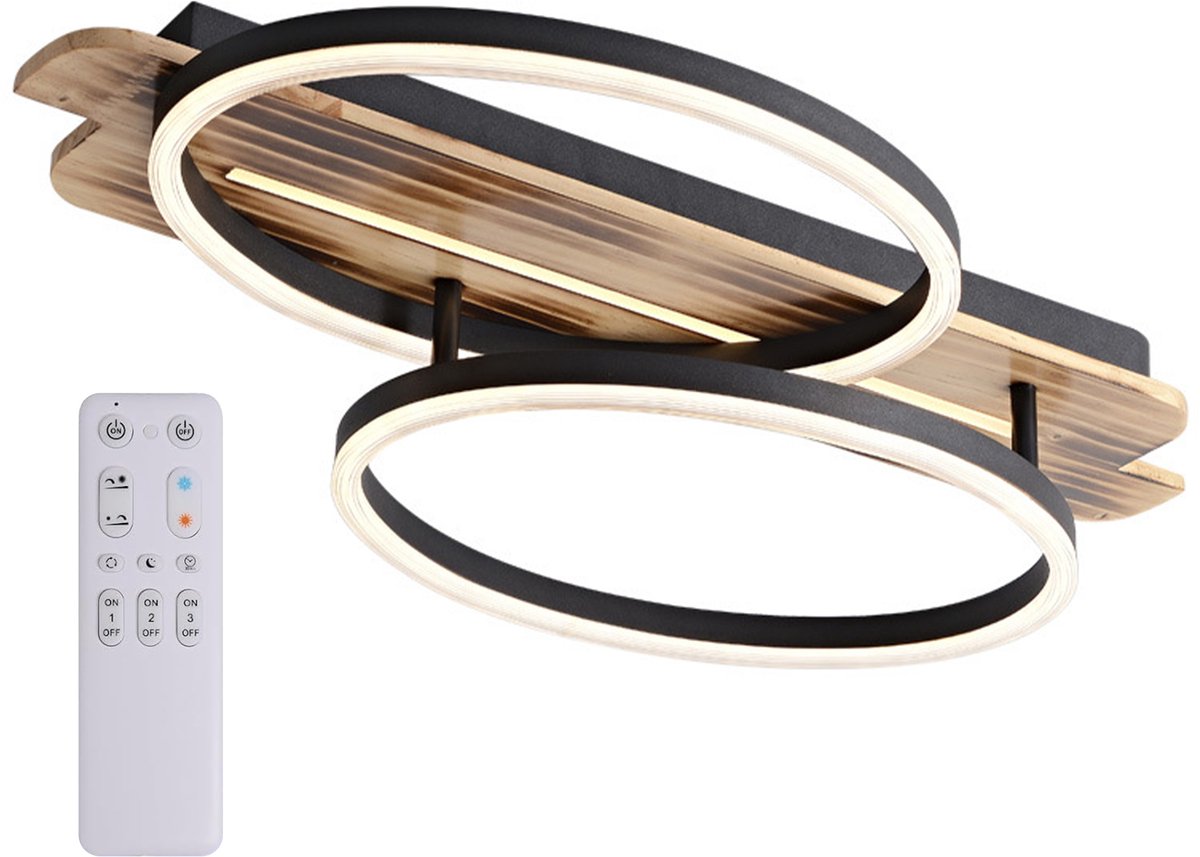 CHIWIN LED Plafondlamp - 60x38 cm - Houten Plafondlamp - 2 Ring Modern Design - Dimbare Plafondlamp met Afstandsbediening - 3 Kleurtemperaturen (3000K-6000K) - Woonkamer Slaapkamer Eetkamer Kantoor - Aluminium & Hout