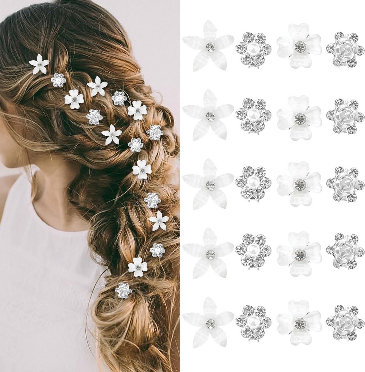 20x Mini Haarspeldjes met Strass Bloemetjes Wit - Haaraccessoires voor Dames en Meisjes