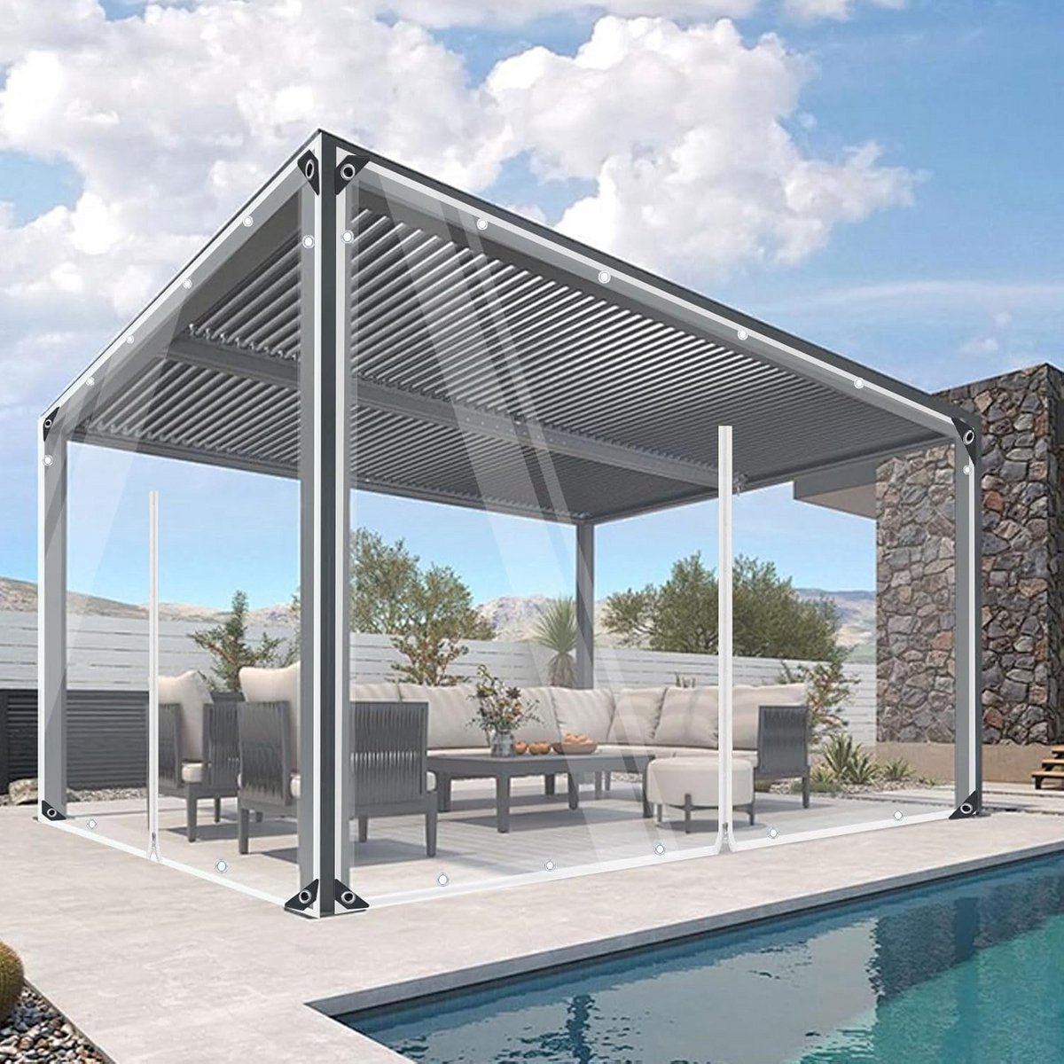 Waterdicht Transparant PVC Zeil met Ritssluiting en Oogjes voor Overkapping, Balkon of Terras (420 g/m²)