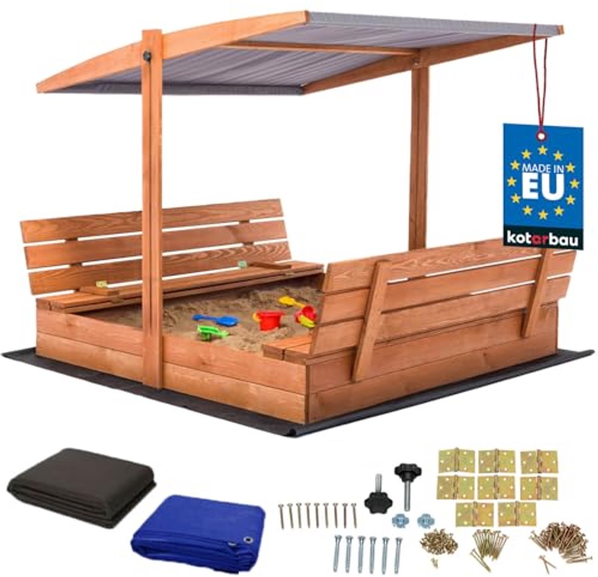 KOTARBAU® Houten Zandbak, 140 x 140 cm, Bruin, Zandbak met Bankjes, met Grijs Dak, en Grondzeil, voor Tuin, Buitenspeelgoed