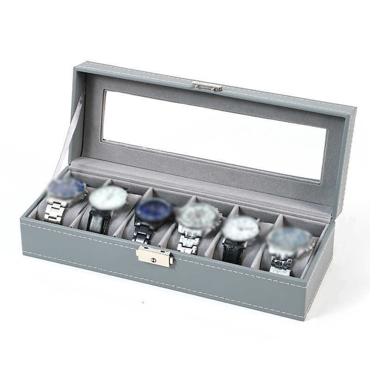 Horlogeopbergdoos voor heren met zes vakken, grijze horlogestandaard-displaydoos