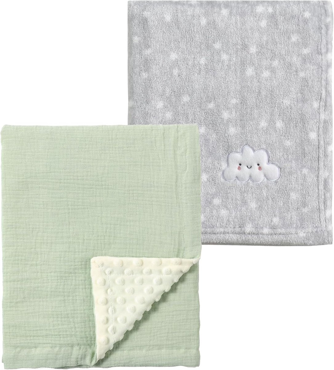 2-pack Babydekens 76x100 cm Pluizig Warm Grijs & Groen Mousseline voor Wieg en Kinderwagen