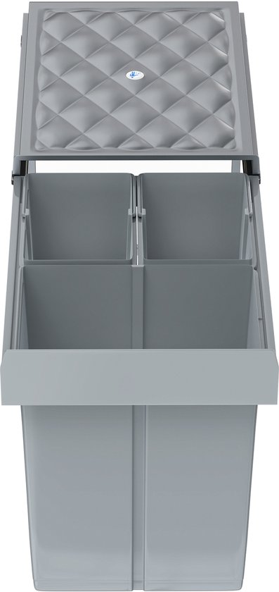 Grijze uittrekbare prullenbak met 4 vakken en een geruit deksel, bovenaanzicht.