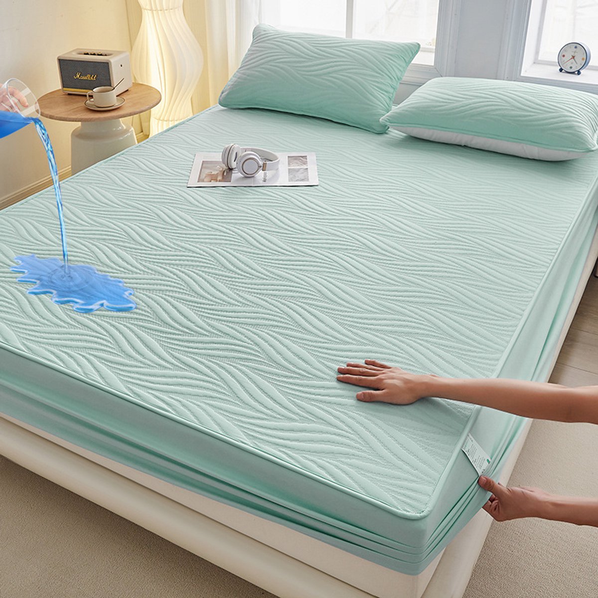 Matrashoes + 2 kussenslopen, TPU-laag voor waterdicht en ademend gebruik, geschikt voor matrassen tot 28 cm dik,Wolken—Groen,180*220cm+kussensloop 48*74cm