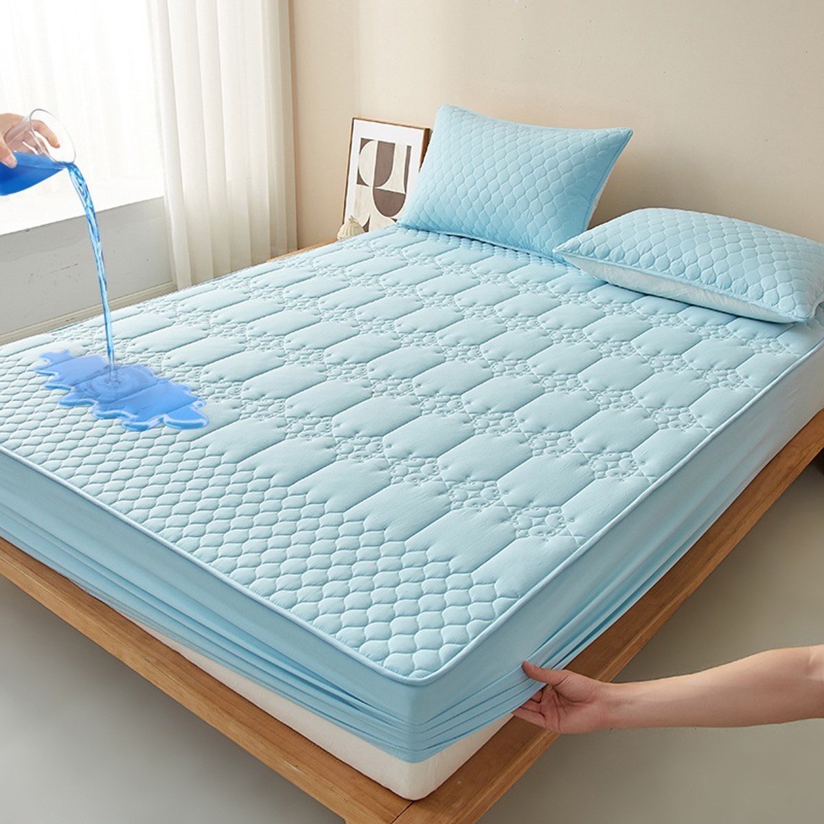 Matrashoes + 2 kussenslopen, TPU-laag voor waterdicht en ademend gebruik, geschikt voor matrassen tot 28 cm dik,Ruit - Lichtblauw,180*220cm+kussensloop 48*74cm