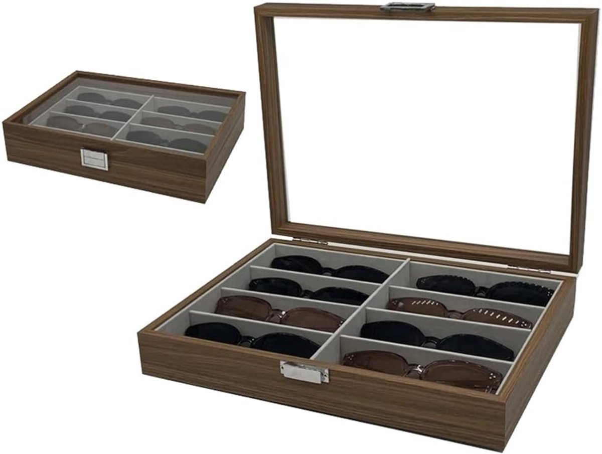 Luxe Brillenopbergdoos voor 8 Zonnebrillen en Sieraden - Display Vitrine Zwart Noten