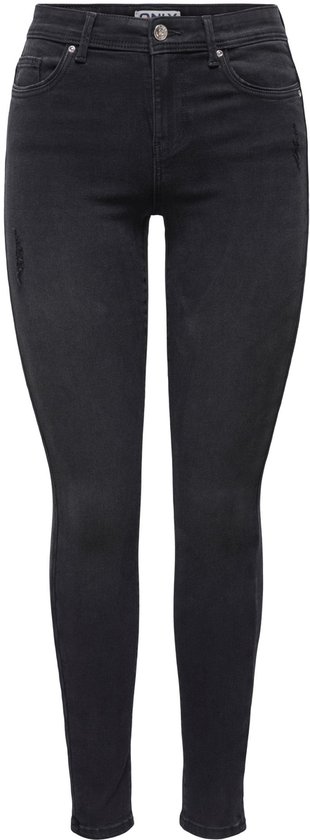 Donkergrijze skinny jeans met een geribde tailleband, een knoop- en ritssluiting en een klein rafelig detail.