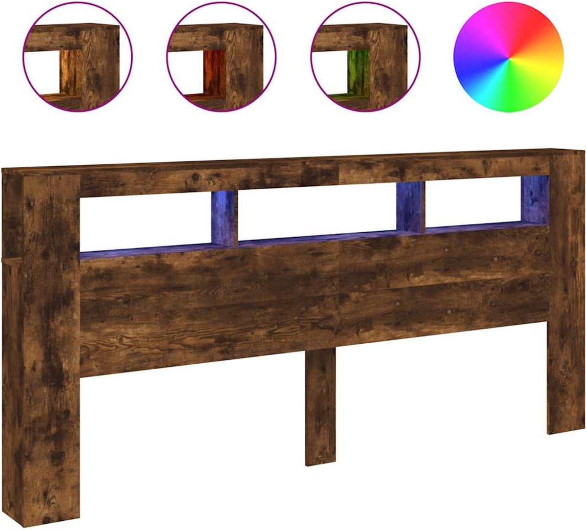 vidaXL - Hoofdeinde - met - LED - 220x18,5x103,5 - cm - bewerkt - hout - gerookt - eiken