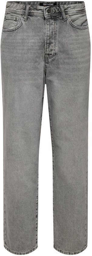 Grijze jeans met rechte pijpen, ritssluiting en knoopsluiting, met het 'ONLY & SONS' logo.