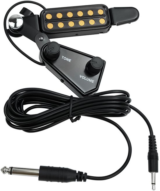 Een akoestische gitaarpickup P-011 met 12 gaten, inclusief klankgatpickup, magnetische sensor, volumeregelaar en audiokabel. Deze gitaaraccessoire is geschikt voor diverse gitaren.