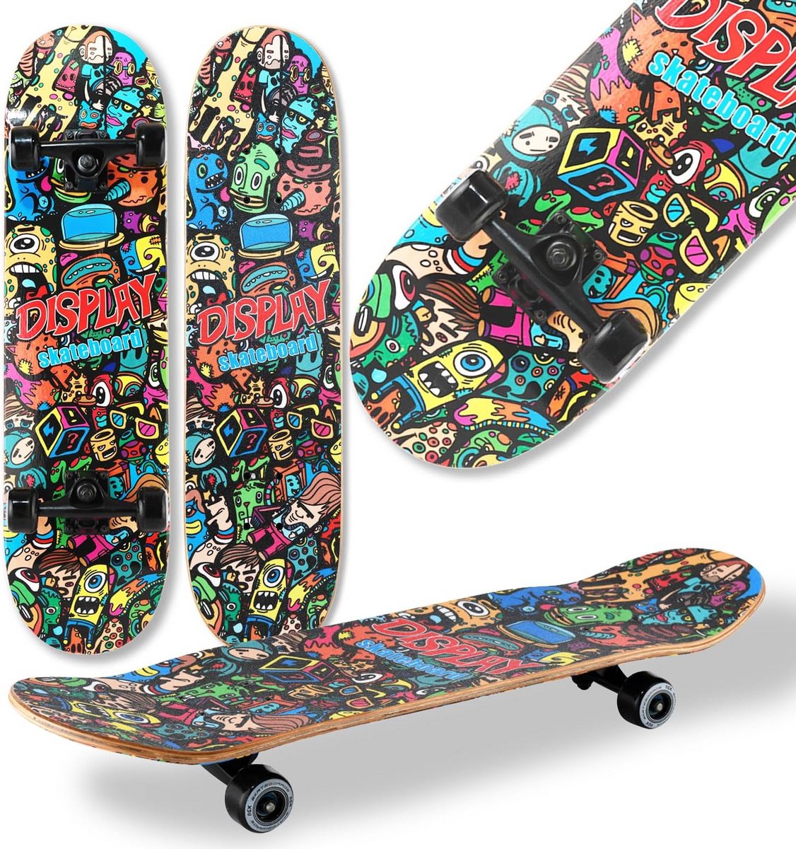 Compleet Skateboard voor Beginners Kinderen Tieners en Volwassenen Houten Dubbele Kick Concave Deck Multicolor