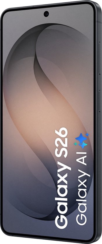 Zwarte Samsung Galaxy S26 smartphone met Galaxy AI-branding, gezien vanaf de zijkant.