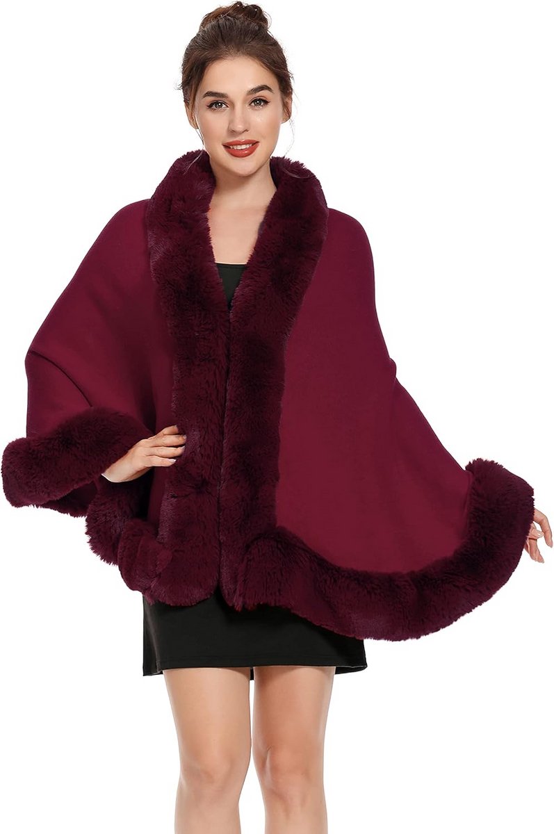 Luxe Gebreide Poncho Cape met Imitatiebont Rand - Warme Dames Sjaal Stola