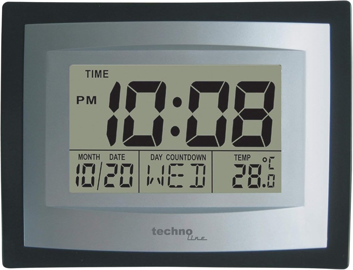 Wandklok met Datum, Temperatuur en Alarm - Zilver/Zwart