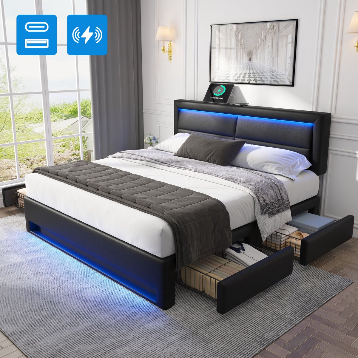 Gestoffeerd bed - 140x190 cm - LED en USB met Vier Laden - Draadloos Opladen - PU - Zwart