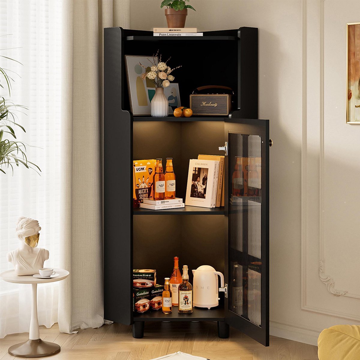 BLACKCOLORS Zwarte hoekkast met gelakt oppervlak en ledverlichting – Moderne hoekladekast met app-bediening, voor woonkamer, bibliotheek, badkamer (63,5*124 cm, zwart)