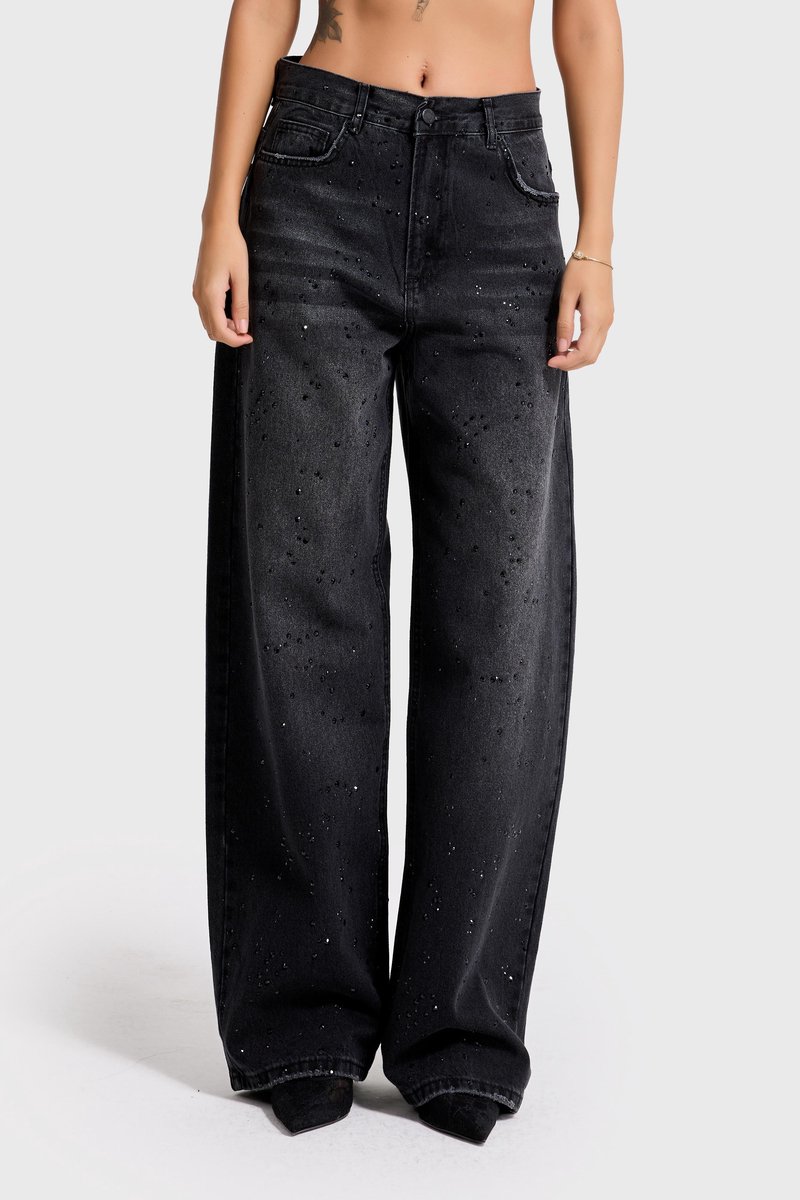 It's Basic - RHINESTONE MID RISE LOOSE JEANS - GRAPHITE