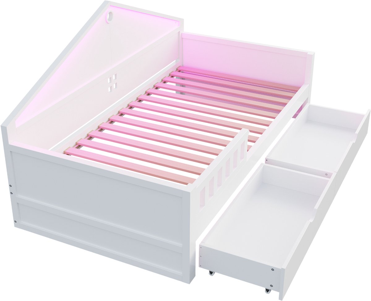 PHOEBE CAT Kinderbed - 90×200 cm - LED-verlichting - 2 lades - Wit