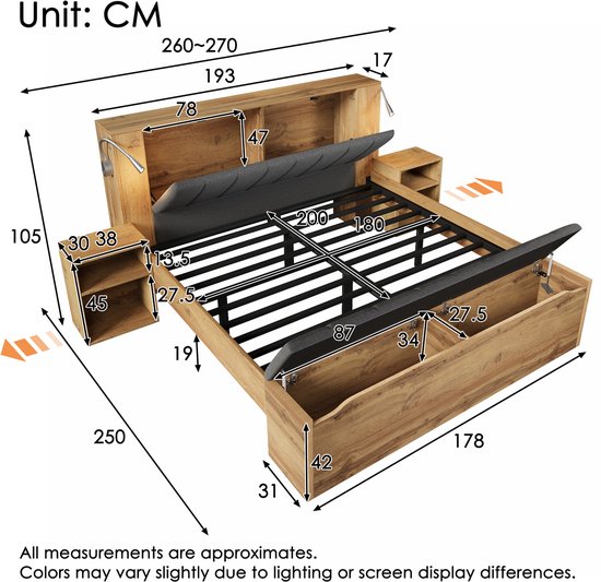 Afmetingen van een houten bed met nachtkastjes, opbergbank en geïntegreerde opbergruimte. Lengte 250 cm.