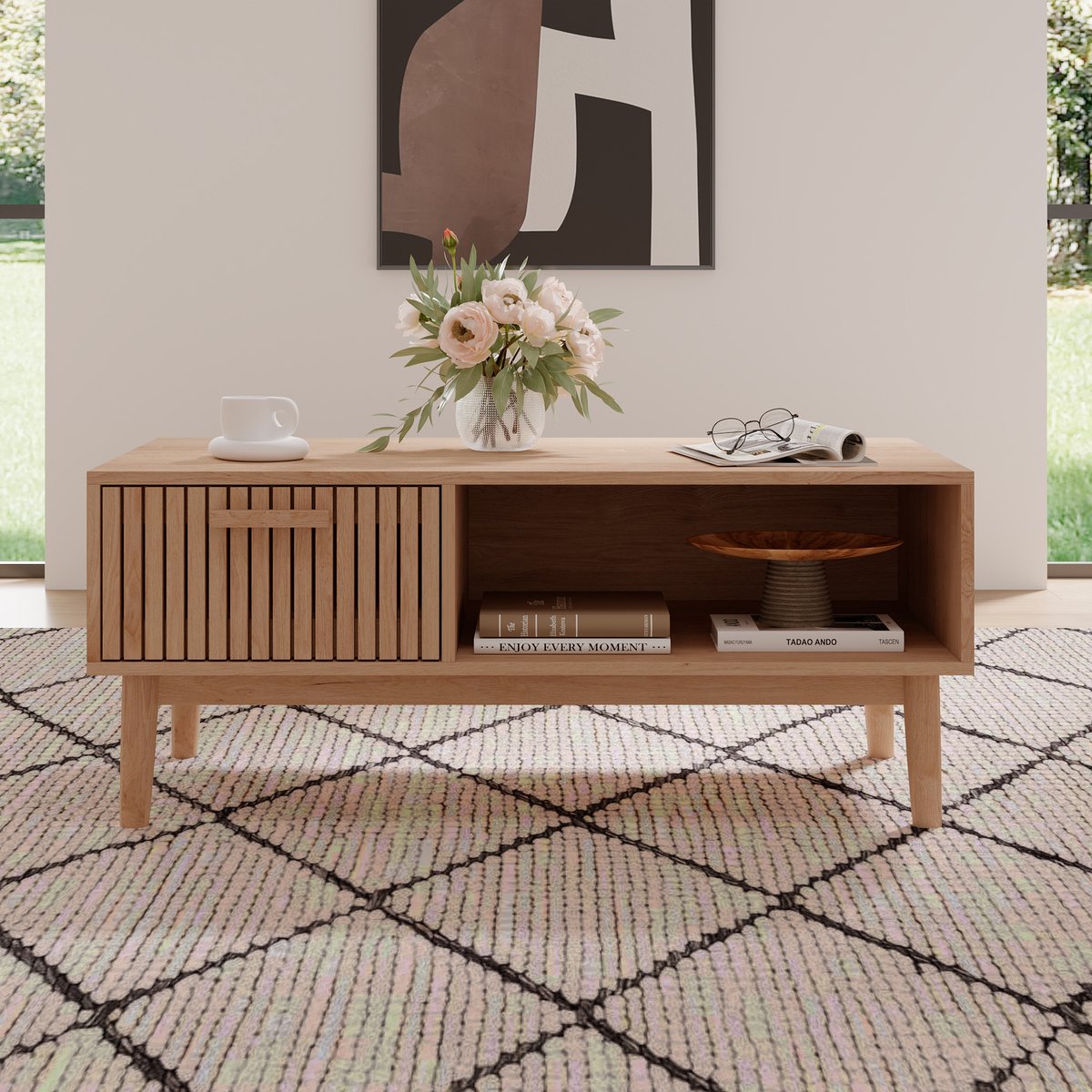 Salontafel met 1 lade en 1 plank, houten bijzettafel, stijlvolle houten decoratieve tafel voor de woonkamer, moderne woonkamertafel, 100x50x43 cm, draagvermogen 80 kg