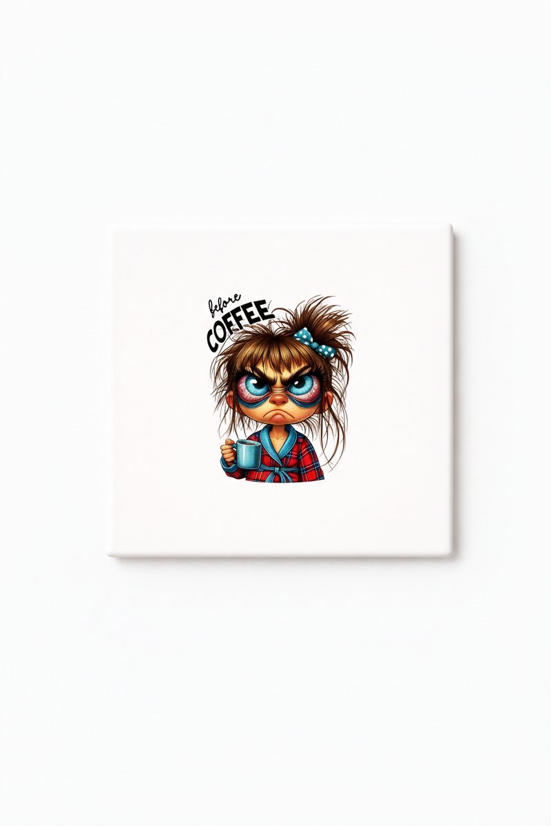 Bedruk King Grappige Before Coffee Keramische Tegel – Chagrijnige Ochtend Cartoon Quote Decoratieve Cadeau Tegel voor Koffieliefhebbers Wit