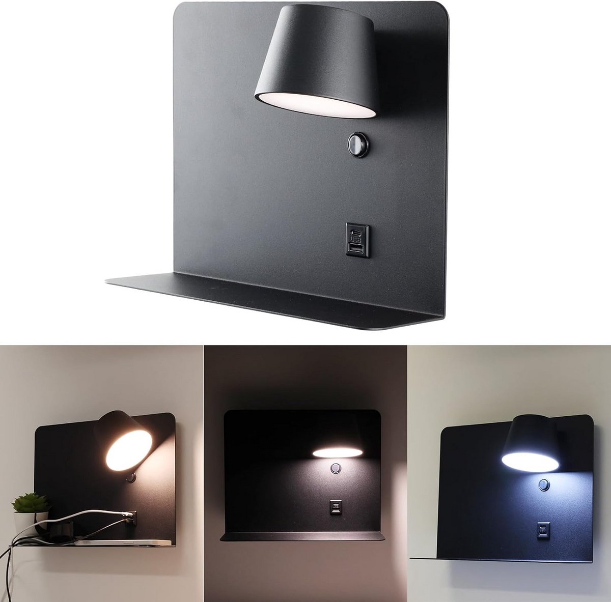 Draaibare LED Wandlamp met Lichtkleur Keuze (3000K/4000K/6000K) en USB Oplader C/A