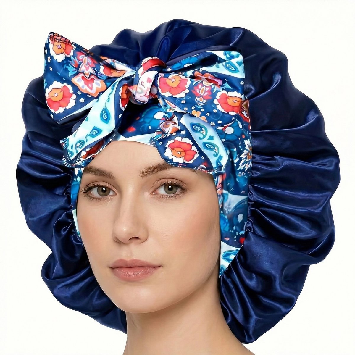 Donkerblauwe satijnen haar bonnet dames – slaapmuts met bloemenprint strik en linten – beschermende satijnen haarmuts tegen pluis en wrijving – antikroes slaap cap voor krullen en lang haar
