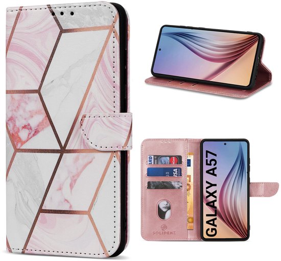 Collage d'étuis portefeuille en marbre rose avec lignes géométriques en cuivre, téléphone avec fentes pour cartes.