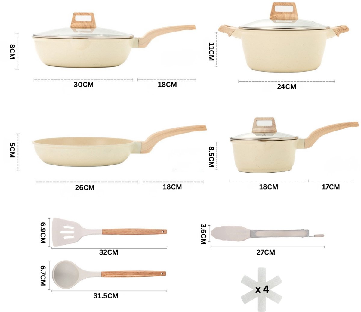 Livista Pannenset 14-delig – Wokpan, Koekenpan, Soeppan & Steelpan – Inclusief Keukengerei – – Makkelijk Schoon te Maken – Geschikt voor Inductie – Beige – foto 2