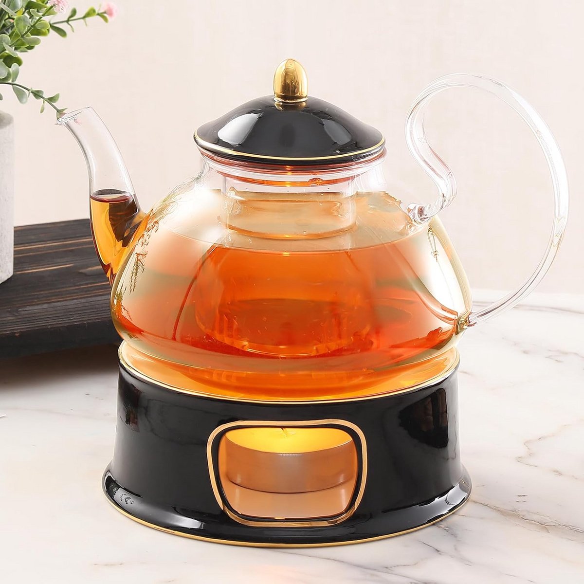 Luxe Glazen Theepot Set met Gouden Details, Infuser en Warmer - 1.2L