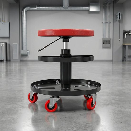 Werkplaatskruk met ronde rode zitting en zwart frame, staand op vijf rode zwenkwielen in een garage.